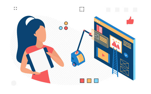 Digital marketing manager using landing page campaign Digital marketing manager using landing page campaign. Online website promotional advertising strategy html button images stock illustrations