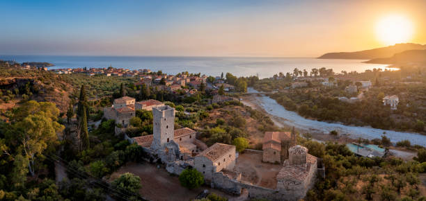 panoramic aerial view of the old town of kardamyli - mani peninsula imagens e fotografias de stock