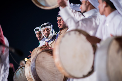 Doha,Qatar,December,18,2017. Traditional bedouin music for celebration Qatar national day.