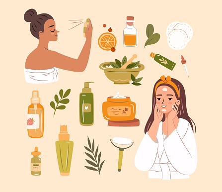 Skincare cosmetics set. Woman using face care products. Hand drawn flat vector illustration