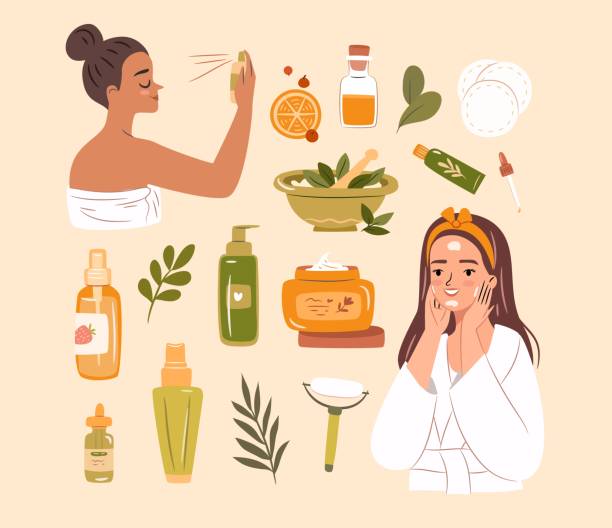 Skincare cosmetics set. Woman using face care products. Collection of beauty routine objects. Hand drawn flat vector illustration Skincare cosmetics set. Woman using face care products. Hand drawn flat vector illustration facial mask beauty product illustrations stock illustrations