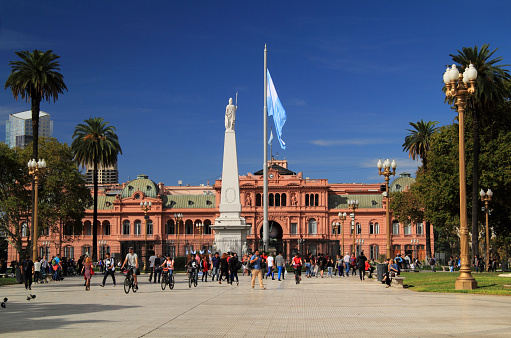 Buenos Aires, Argentina – APRIL 18, 2019: The Casa Rosada, seen here, is arguably the most prominent landmark located on the historic Plaza de Mayo in Buenos Aires