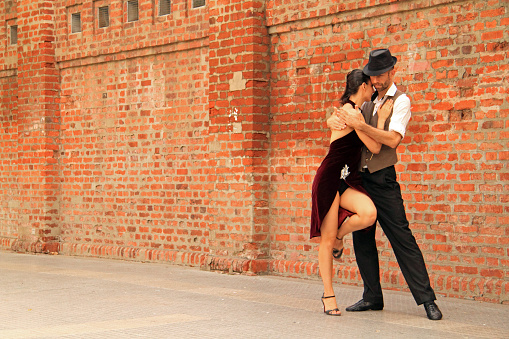 Buenos Aires, Argentina – APRIL 18, 2019: Tango dancers perform in front of the historic Recoleta cemetery in Buenos Aires, Argentina