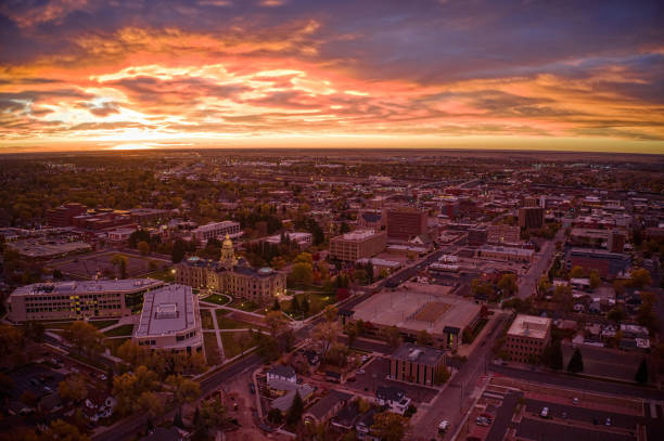 Aerial View of a Sunrise over Downtown Cheyenne, Wyoming Aerial View of a Sunrise over Downtown Cheyenne, Wyoming wyoming stock pictures, royalty-free photos & images