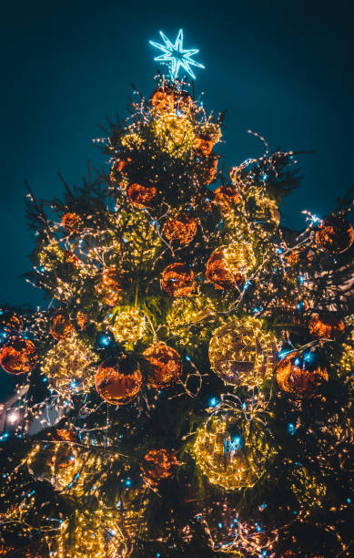 Close up shot of Big Christmas fir tree with illuminated yellow balls and star shape lights against blue sky background at night