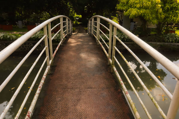 crossing the river over the iron bridge in the Bogor Botanical Gardens