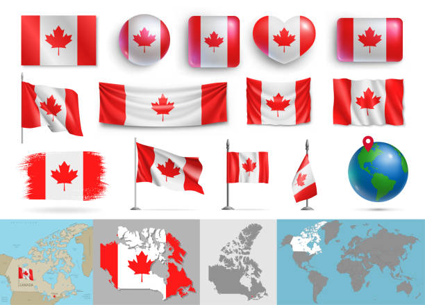 набор флагов канады различных форм и карт - canadian flag illustrations stock illustrations