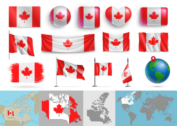 set of canada flags of various shapes and maps - 加拿大國旗 幅插畫檔、美工圖案、卡通及圖標