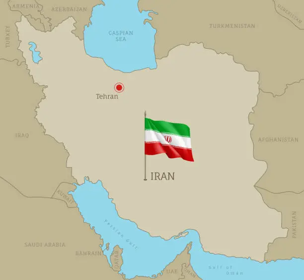 Vector illustration of Highly detailed Iranian map with flag and labelings