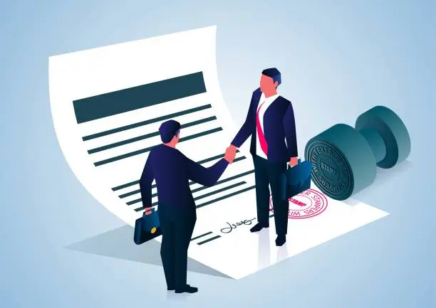 Vector illustration of Two businessmen stand on the signed contract and shake hands, business cooperation