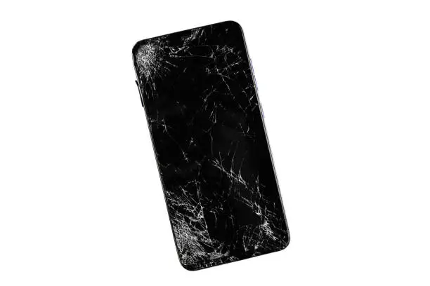 Broken Screen Smartphone Isolated on White Background With Clipping Path, Broken Mobile Phone