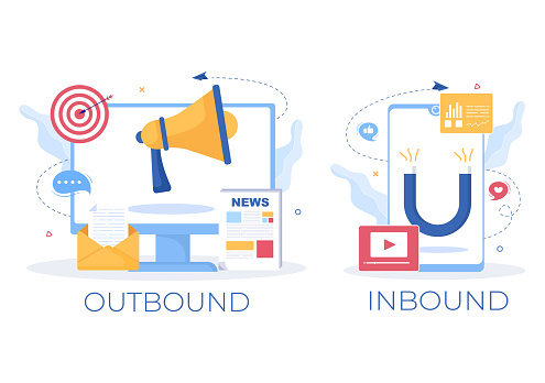 Inbound and Outbound Marketing Business Vector Illustration with Magnet and Megaphone Design to Attract Customers Offline or Online for Web or Poster