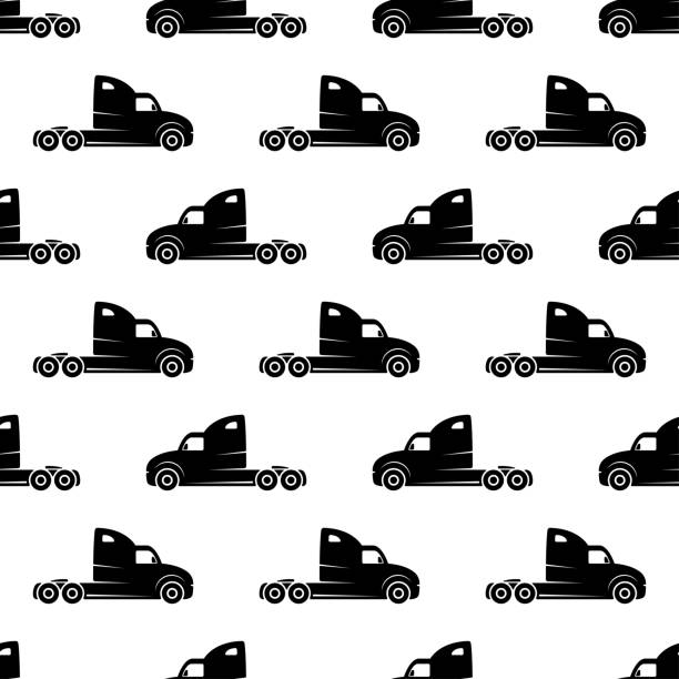 schwarze lkw-zugmaschinen isoliert auf weißem hintergrund. monochromes auto nahtloses muster. vektor einfache flache grafik illustration. textur. - car side view truck truck driver stock-grafiken, -clipart, -cartoons und -symbole