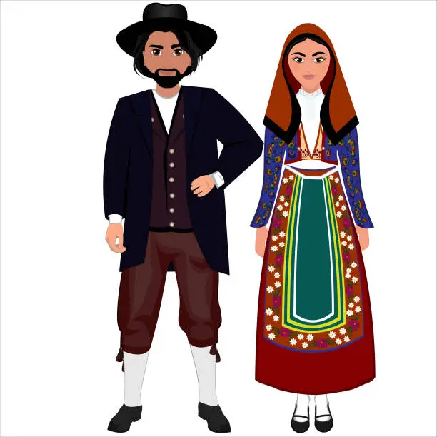 Vector illustration of Woman and man in folk national Italian costumes. Vector illustration