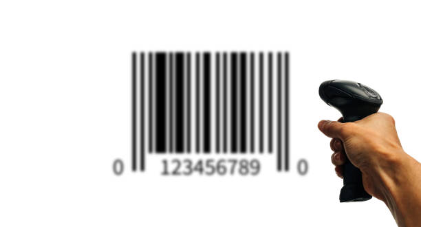 bar code. retail label barcode scan. reader laser scanner for warehouse holding hand. product code data concept. - bar code reader bar code reading laser imagens e fotografias de stock