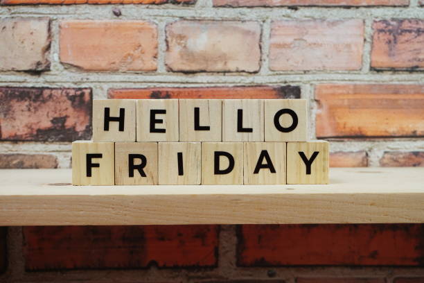 istock Hello Friday alphabet letter on shelves wooden background 1354130256