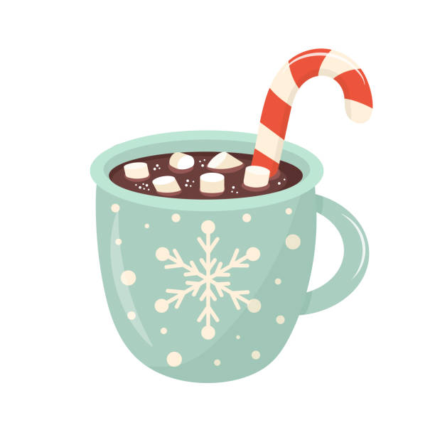 tasse mit heißer schokolade, marshmallows und zuckerstange. - hot chocolate coffee isolated on white cup stock-grafiken, -clipart, -cartoons und -symbole