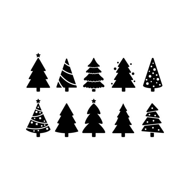 ilustraciones, imágenes clip art, dibujos animados e iconos de stock de árboles de navidad conjunto icono de pino de navidad silueta vectorial aislado - luces de navidad