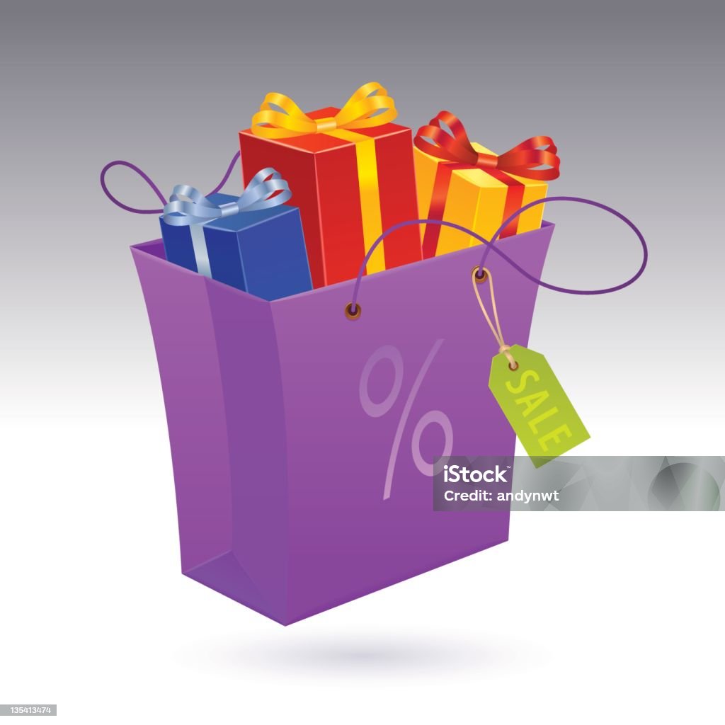 Gift Boxes in Shopping Bag with tag A Shopping paper bag full of gifts. Includes highres (3300x3300) jpg with clipping path in zip. Gift Bag stock vector