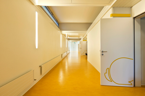 modern public school, corridor yellow floor