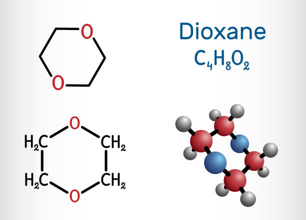 ilustraciones, imágenes clip art, dibujos animados e iconos de stock de molécula de dioxano (1,4-dioxano). se utiliza principalmente como disolvente en la fabricación de productos químicos. fórmula química estructural y modelo molecular. - formula 1