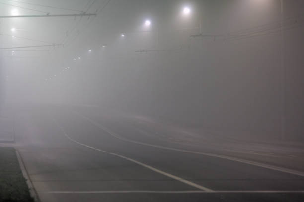 istock empty foggy night road with rows of lamp posts 1354142559