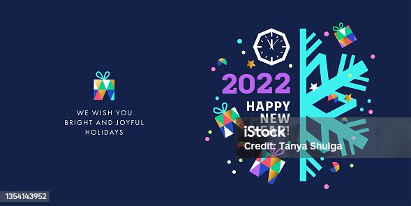 istock Happy New Year 2022 banner, greeting card, poster, holiday cover. Modern Christmas design in geometric style with triangle pattern 1354143952