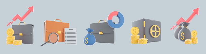 A set of 3d icons related to business investment, trade services, investment strategy and financial management. Infographic design elements.