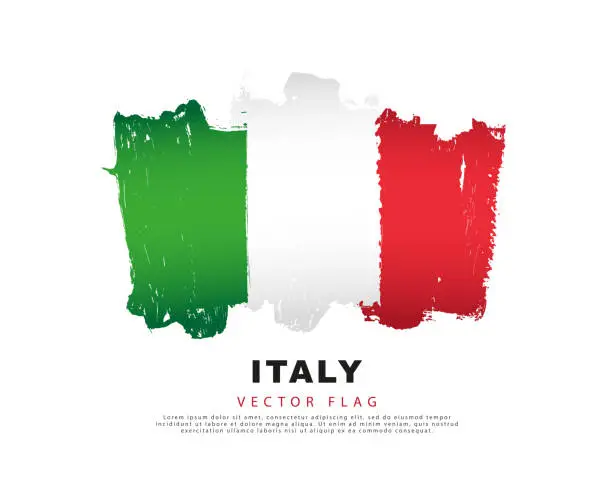 Vector illustration of Italy flag. Freehand green, white and red brush strokes. Vector illustration isolated on white background.