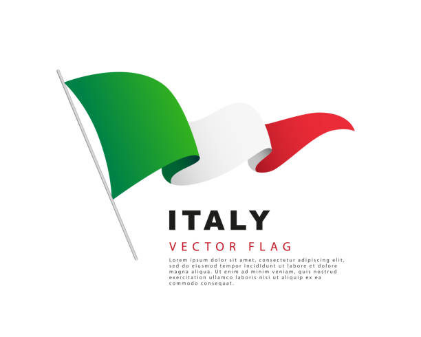 illustrazioni stock, clip art, cartoni animati e icone di tendenza di la bandiera dell'italia pende da un pennone che sventola al vento. illustrazione vettoriale isolata su sfondo bianco. - bandiera italiana