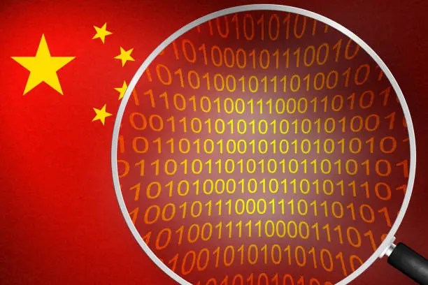 Photo of Chinese hacker cyber attack.Flag of China view through magnifying glass