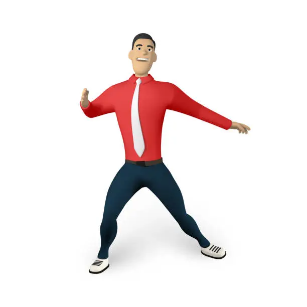 Vector illustration of Businessman character in 3D cartoon stile. Man in red shirt with tie. Young guy, gesturing. Vector illustration