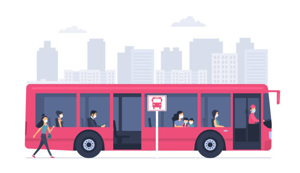 illustrazioni stock, clip art, cartoni animati e icone di tendenza di autobus urbano con passeggeri in maschere mediche sullo sfondo di un paesaggio urbano astratto. illustrazione vettoriale. - bus