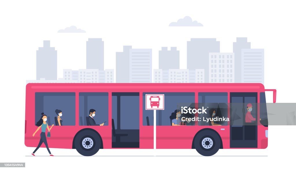 City bus with passengers in medical masks against the background of an abstract cityscape. Vector illustration. - Royaltyfri Buss vektorgrafik