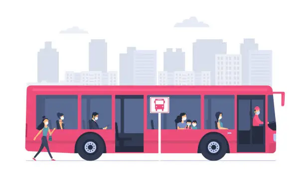 Vector illustration of City bus with passengers in medical masks against the background of an abstract cityscape. Vector illustration.