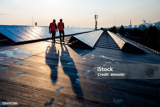 Male Engineers Walking Along Rows Of Photovoltaic Panels Stock Photo - Download Image Now