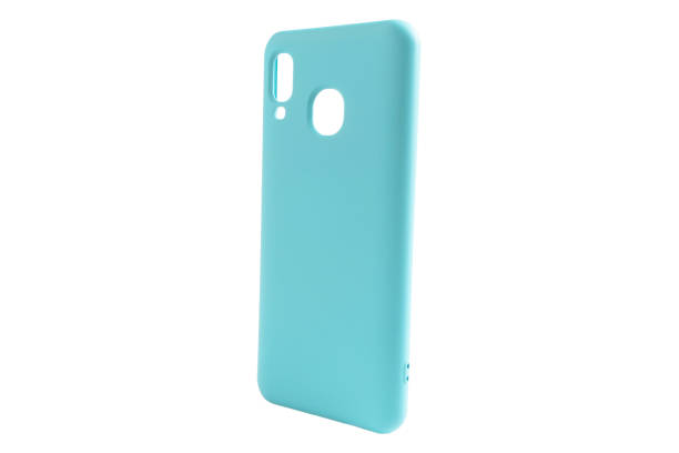 Mobile phone case isolated on white background. Smart phone case isolated. Blue silicone case for smartphone or phone with cutouts for the camera. Front view stock photo