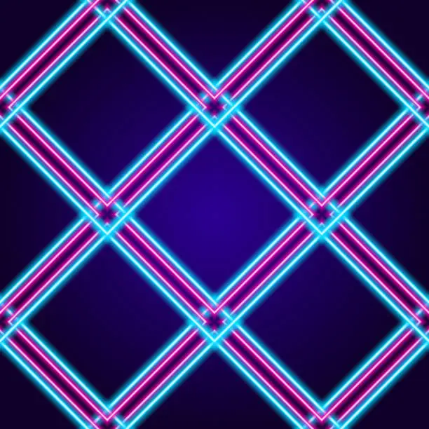 Vector illustration of Neon abstract pattern of pink and turquoise lines. Seamless pattern of glowing lines intersecting with each other in the shape of a diamond with bright pink and blue lines on a dark blue background for the template