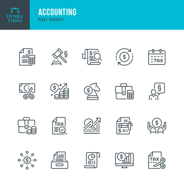 accounting - sada vektorových ikon tenkou čárou. pixel perfektní. upravitelný tah. sada obsahuje ikony: účetnictví, daň z příjmu, daňové vratky, finanční zpráva, úspory, finanční plánování. - výplata dokumente o zaměstnání stock ilustrace