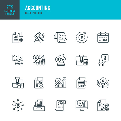 ACCOUNTING - thin line vector icon set. 20 linear icon. Pixel perfect. Editable outline stroke. The set contains icons: Accountancy, Tax Form, Tax Refunds, Income Tax, Financial Report, Savings, Portfolio, Financial Planning.