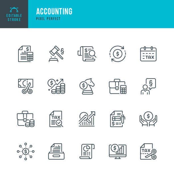 ACCOUNTING - thin line vector icon set. Pixel perfect. Editable stroke. The set contains icons: Accountancy, Income Tax, Tax Refunds, Financial Report, Savings, Financial Planning. ACCOUNTING - thin line vector icon set. 20 linear icon. Pixel perfect. Editable outline stroke. The set contains icons: Accountancy, Tax Form, Tax Refunds, Income Tax, Financial Report, Savings, Portfolio, Financial Planning. financial report stock illustrations