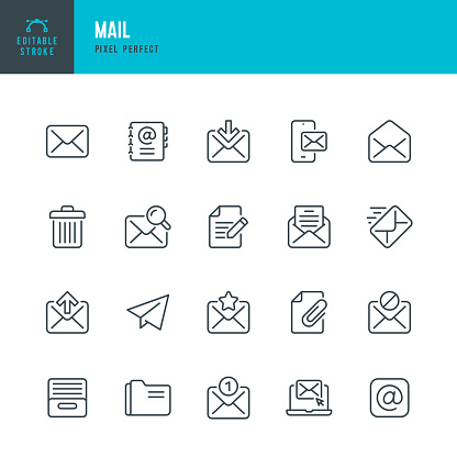 MAIL - thin line vector icon set. 20 linear icon. Pixel perfect. Editable outline stroke. The set contains icons: E-Mail, Mail, Letter, Address Book, Envelope, Letter Sending, Inbox Letter, Archive, Searching Letter.