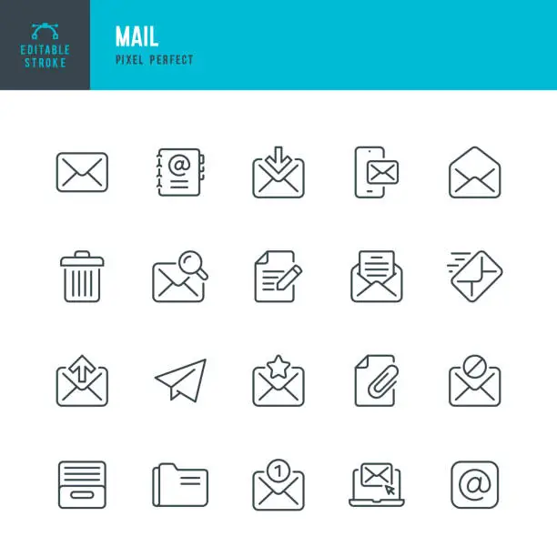 Vector illustration of MAIL - thin line vector icon set. Pixel perfect. Editable stroke. The set contains icons: E-Mail, Mail, Address Book, Envelope, Letter Sending, Inbox Letter, Searching Letter.