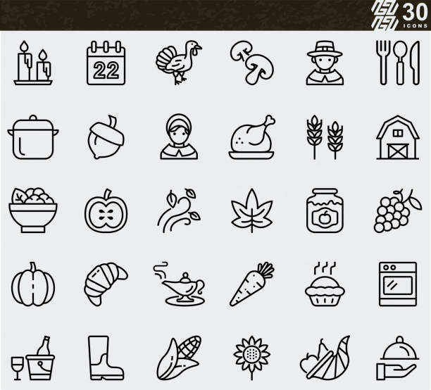 ilustraciones, imágenes clip art, dibujos animados e iconos de stock de iconos de la línea del día de acción de gracias - thanksgiving fruit cornucopia vegetable