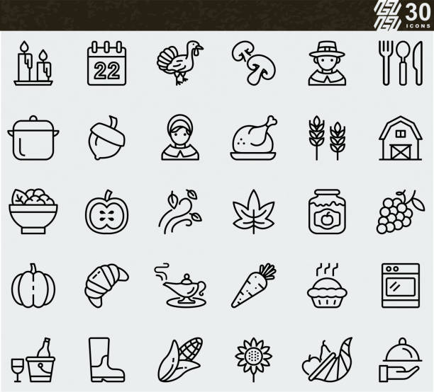 ilustrações de stock, clip art, desenhos animados e ícones de thanksgiving day line icons - cornucopia november pumpkin leaf