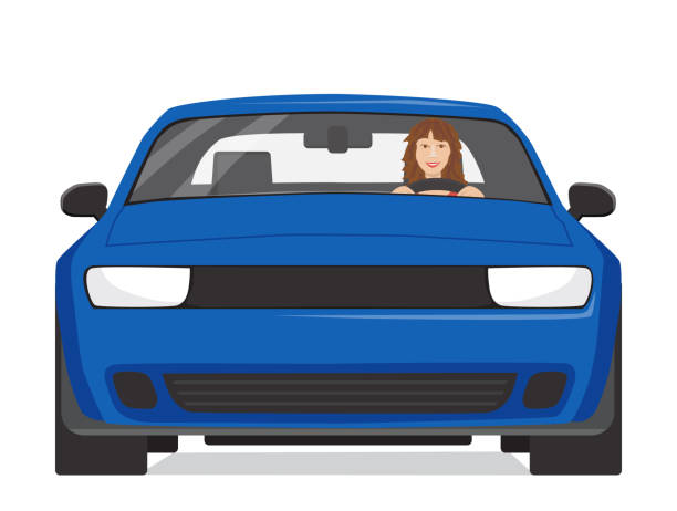 행복한 젊은 여성이 파란색 자동차를 운전하고 있습니다. - car sedan vector illustration and painting stock illustrations