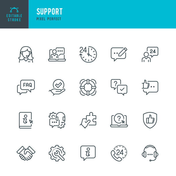 stockillustraties, clipart, cartoons en iconen met support - thin line vector icon set. pixel perfect. editable stroke. the set contains icons: it support, help desk, call center, customer service representative, instructions. - beschermen