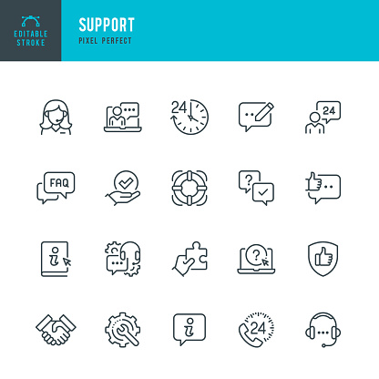 Support - thin line vector icon set. 20 linear icon. Pixel perfect. Editable outline stroke. The set contains icons: IT Support, Help Desk, Call Center, Customer Service Representative, Headset, Message, Instructions.