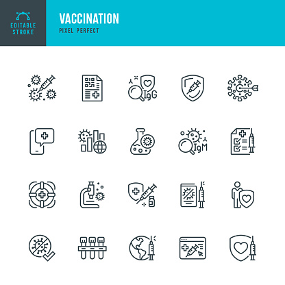 Vaccination - thin line vector icon set. 20 linear icon. Pixel perfect. Editable outline stroke. The set contains icons: Vaccination, COVID-19 Vaccine, Antibody Test, Immunization Certificate, Vaccine Passport, Herd Immunity, Emergency Medicine.