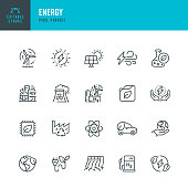 ENERGY - dünne Linie Vektor Icon Set. Pixel perfekt. Bearbeitbarer Kontur. Das Set enthält Symbole: Solarenergie, Windkraft, Erneuerbare Energien, Wasserkraft, Wasserstoff, Grüne Technologie.